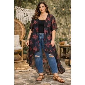 Torrid Floral Maxi Duster 1/2 Black Sheer Overlay Boho Goth Layered Kimono Style